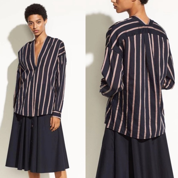 Vince Textured Striped Long-sleeve Button Up Linen Silk Blend Blouse size Small - Picture 13 of 14